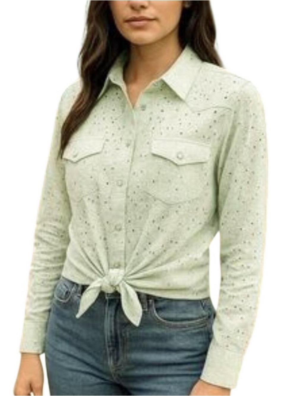 BACK IN THE SADDLE Friona Eyelet Ditsy Floral Pearl Snap Shirt In Celery Sz L